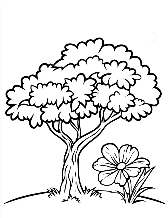 Large Leafy Tree with Flower Printable Coloring Page