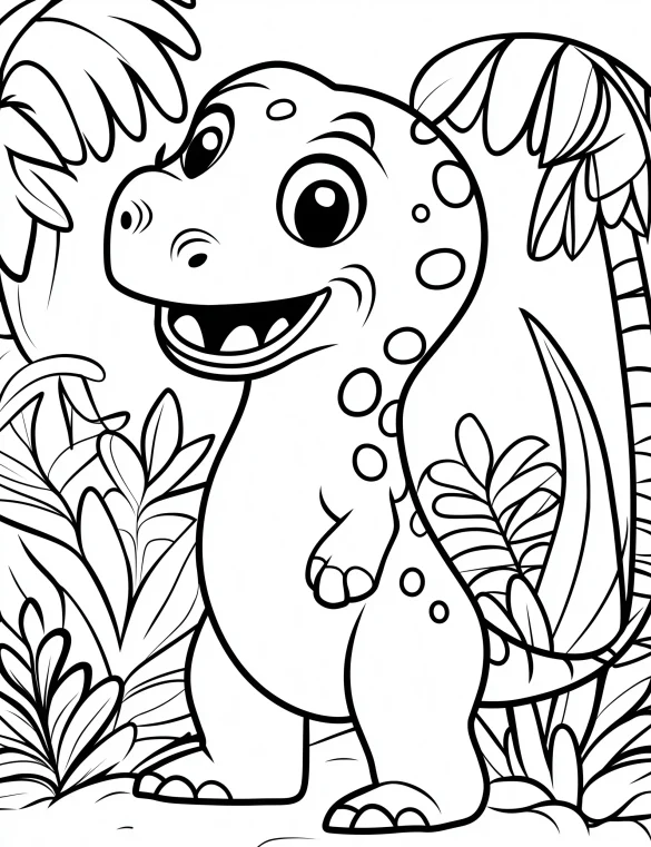 Laughing Tyrannosaurus Rex Dinosaur with Palm Trees Coloring Page