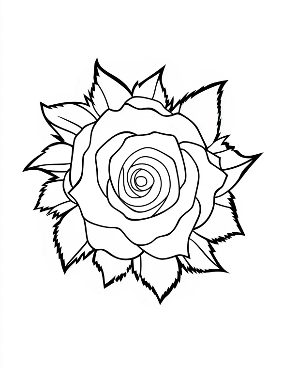 Leafy Rose Flower with Detailed Petals Coloring Page