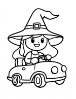 Little Witch Driving a Toy Car Halloween Coloring Page by Mindset Flow