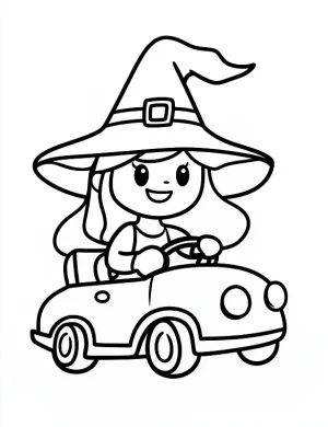 Little Witch Driving a Toy Car Halloween Coloring Page by Mindset Flow