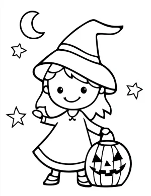 Little Witch Under the Stars Halloween Coloring Page by Mindset Flow