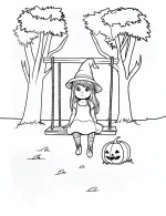 Lonely Witch on Swing with Pumpkin Halloween Coloring Page by Mindset Flow