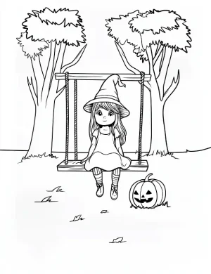Lonely Witch on Swing with Pumpkin Halloween Coloring Page by Mindset Flow