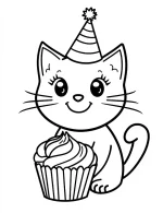 Lovely Cat Holding Cupcake with Party Hat Coloring Page by Mindset Flow
