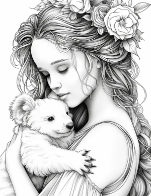 Lovely Girl With Bear In Floral Background Adult Coloring Page By Mindset Flow
