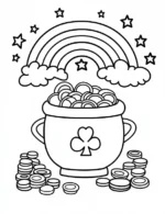 Lucky Four-Leaf Clover Pot of Gold with Rainbow and Stars Coloring Page