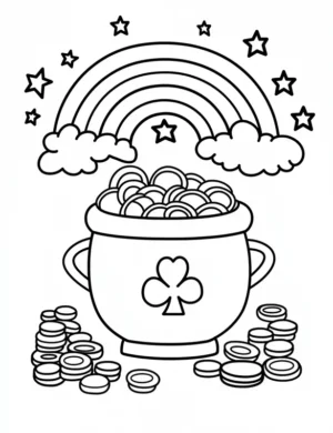 Lucky Four-Leaf Clover Pot of Gold with Rainbow and Stars Coloring Page