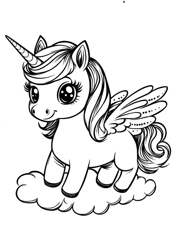 Magical Flying Unicorn with Wings in the Clouds Coloring Page