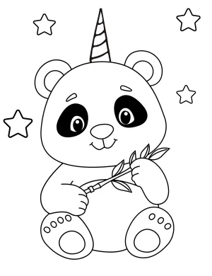 Magical Panda Unicorn Holding Bamboo Stick with Stars Coloring Page