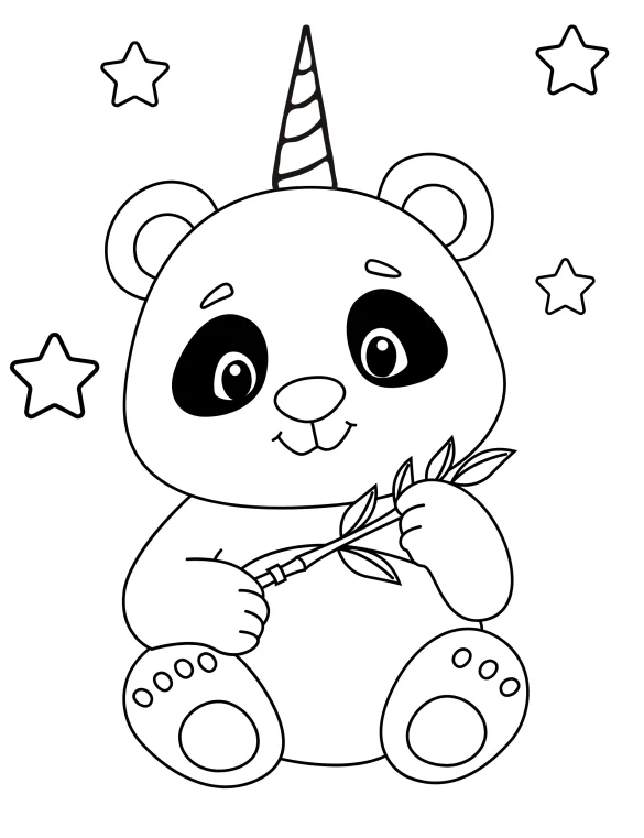 Magical Panda Unicorn Holding Bamboo Stick with Stars Coloring Page