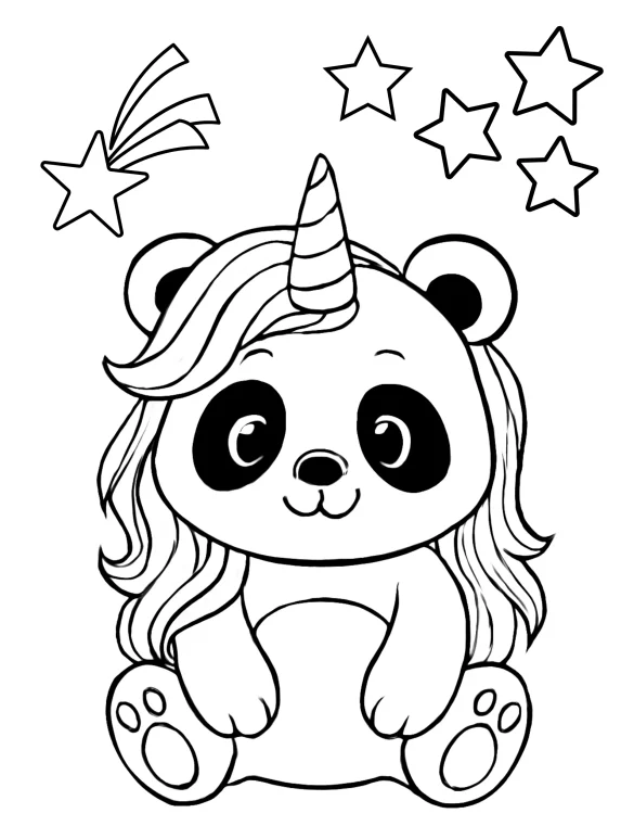 Magical Panda Unicorn with Flowing Hair and Stars Coloring Page