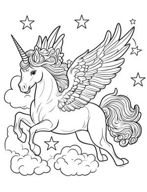 Magical Unicorn Flying Through Clouds and Stars Coloring Page
