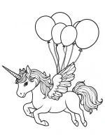 Magical Unicorn Flying with Balloons and Wings Coloring Page
