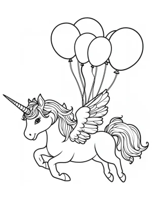 Magical Unicorn Flying with Balloons and Wings Coloring Page