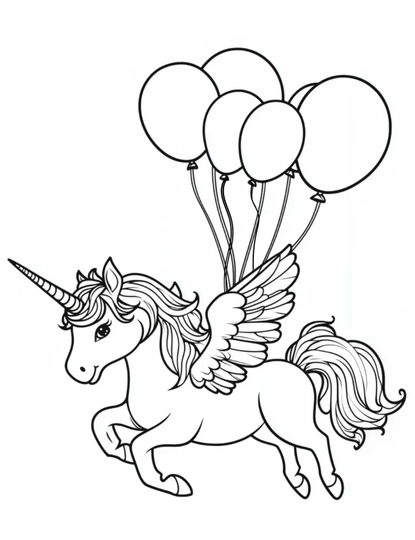 Magical Unicorn Flying with Balloons and Wings Coloring Page
