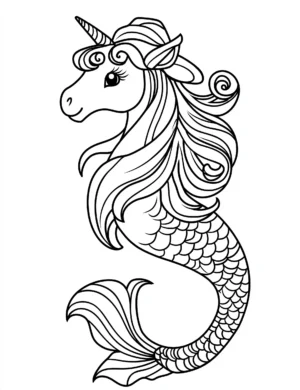 Magical Unicorn Mermaid with Flowing Hair and Tail Coloring Page