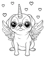 Magical Unicorn Pug with Wings and Hearts Coloring Page