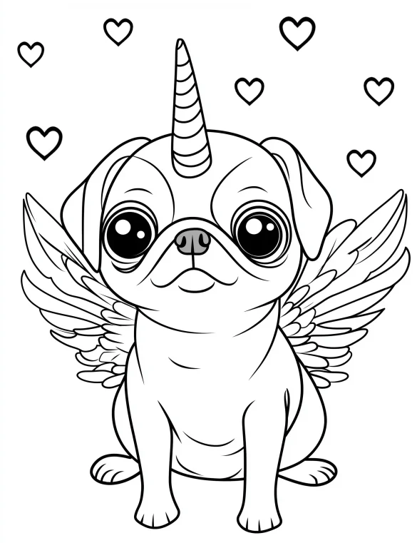 Magical Unicorn Pug with Wings and Hearts Coloring Page