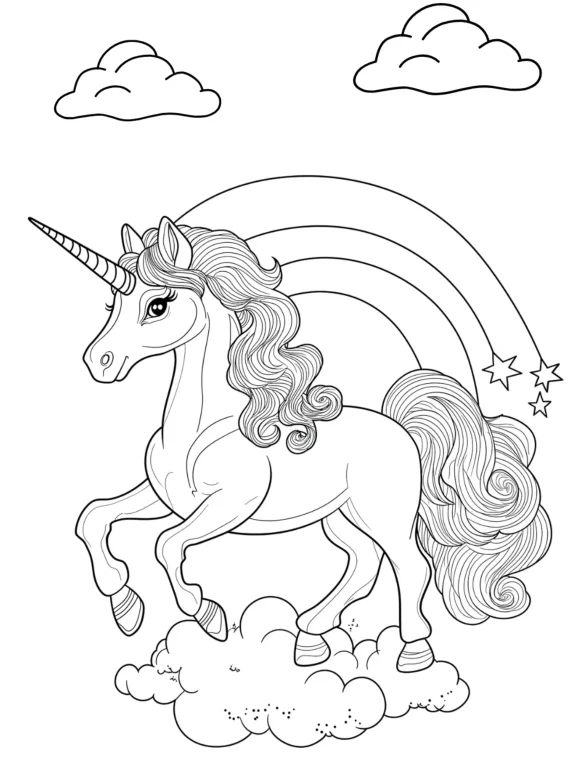 Magical Unicorn on Clouds with Rainbow and Stars Coloring Page