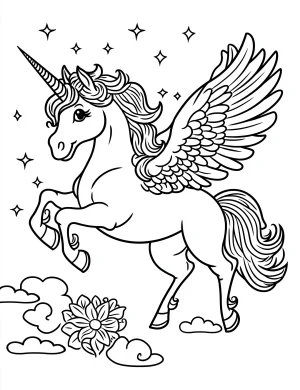 Magical Unicorn with Wings and Flower in the Clouds Coloring Page