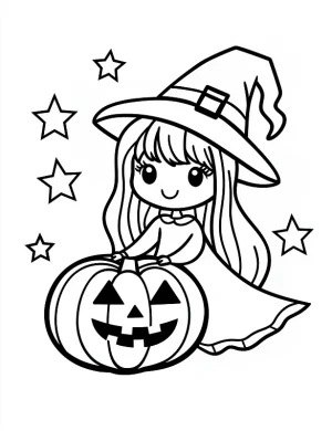Magical Witch with Pumpkin and Stars Halloween Coloring Page by Mindset Flow