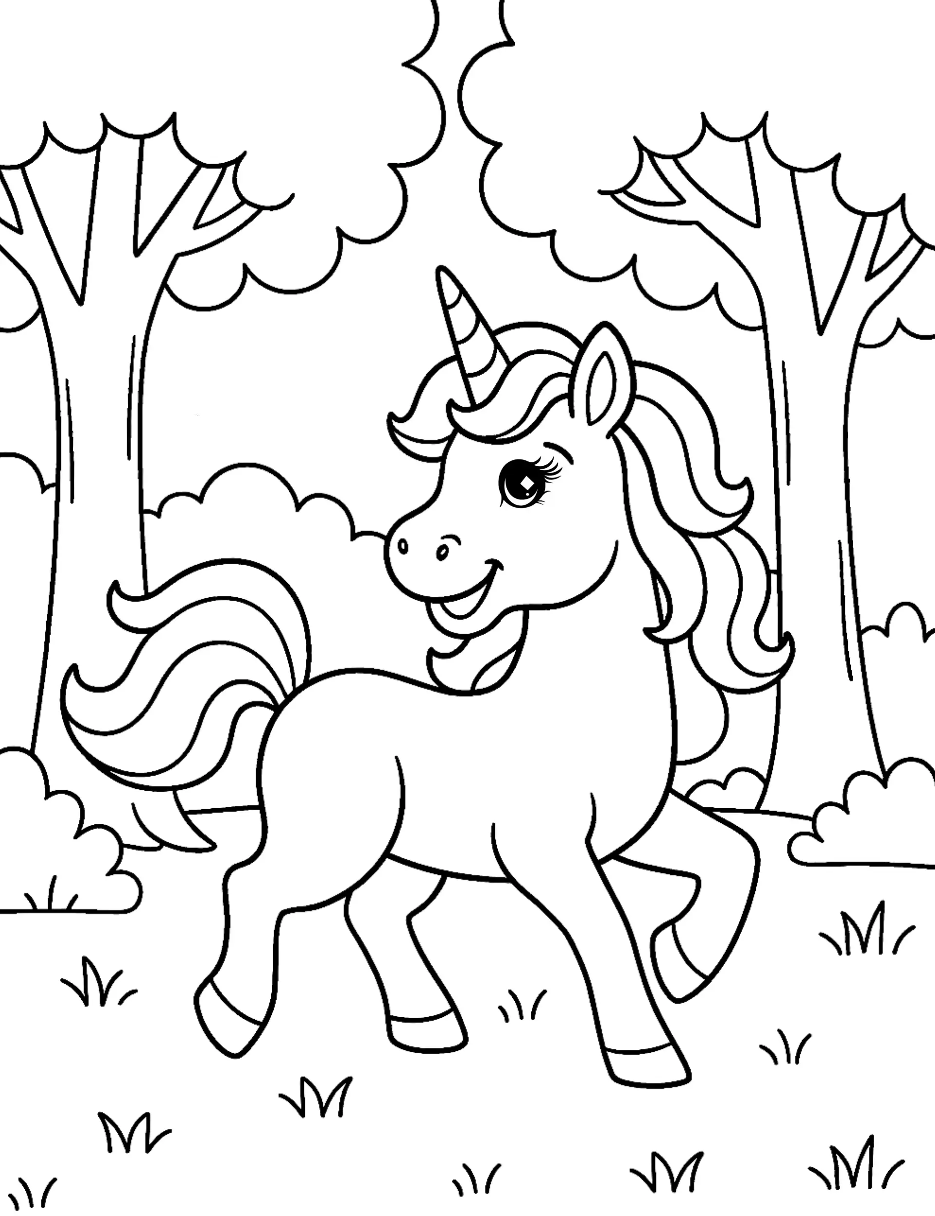 Majestic Forest Unicorn Walking Among Trees Coloring Page