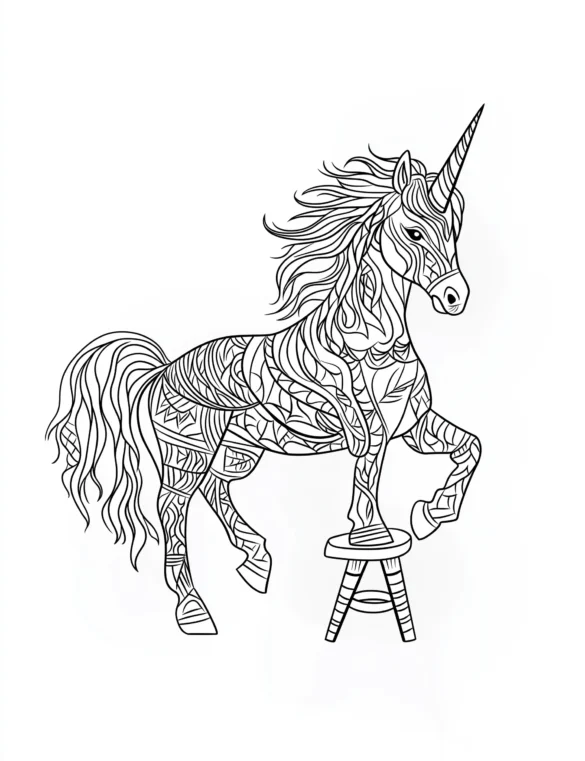 Majestic Geometric Unicorn Standing on Stool Coloring Page Majestic Geometric Unicorn Standing on Stool Coloring Page