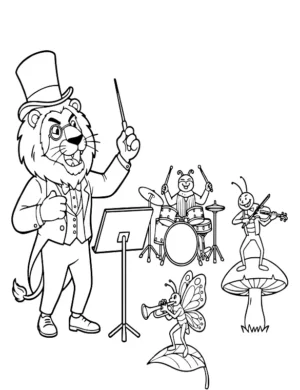 Majestic Lion Conducting Animal Orchestra Coloring Page By Mindset Flow