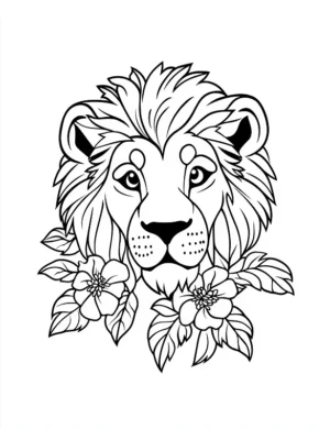 Majestic Lion Portrait With Blossoms Flower Coloring Page By Mindset Flow