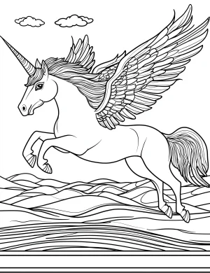 Majestic Pegasus Flying Over Rolling Hills Coloring Page