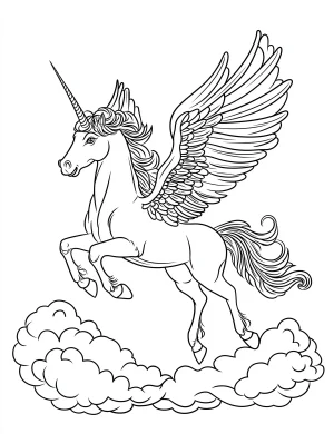 Majestic Pegasus Flying Through Clouds Coloring Page