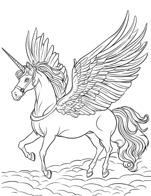 Majestic Unicorn Pegasus with Wings Flying Through Clouds Coloring Page