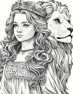 Majestic Queen with Lion Companion Adult Coloring Page By Mindset Flow