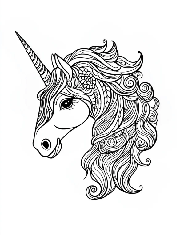 Majestic Unicorn Head Mandala with Flowing Mane Coloring Page Majestic Unicorn Head Mandala with Flowing Mane Coloring Page