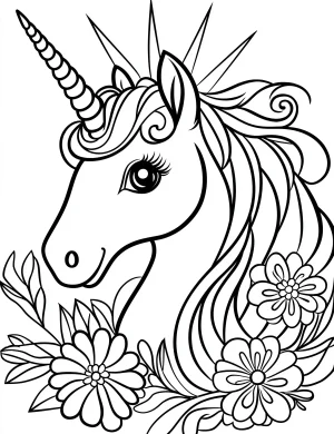 Majestic Unicorn Head Surrounded by Flowers Coloring Page