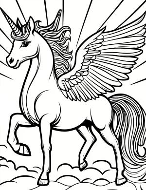 Majestic Unicorn Pegasus with Wings and Sunburst Coloring Page