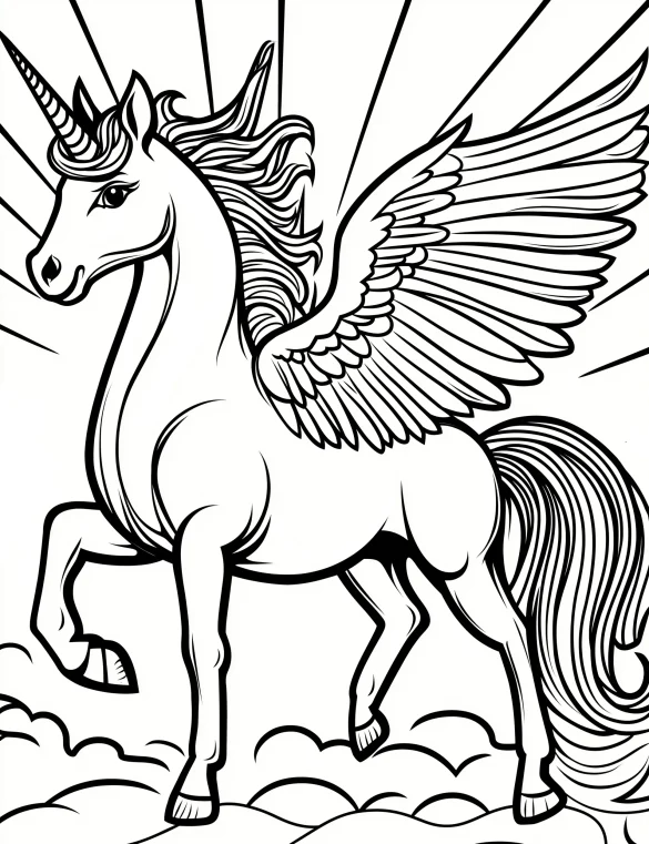 Majestic Unicorn Pegasus with Wings and Sunburst Coloring Page