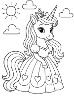 Majestic Unicorn Princess in Dress with Crown Coloring Page
