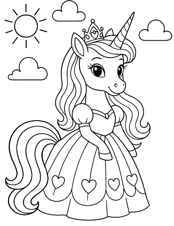 Majestic Unicorn Princess in Dress with Crown Coloring Page