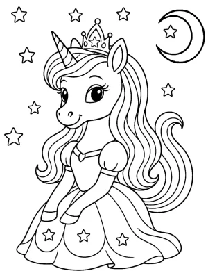 Majestic Unicorn Princess with Crown and Stars Coloring Page