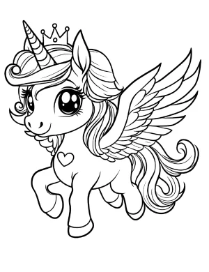 Majestic Unicorn Princess with Wings and Crown Coloring Page