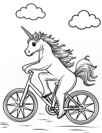 Majestic Unicorn Riding a Bike with Clouds Coloring Page