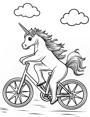 Majestic Unicorn Riding a Bike with Clouds Coloring Page