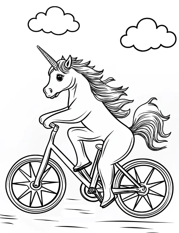 Majestic Unicorn Riding a Bike with Clouds Coloring Page