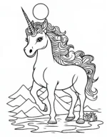 Majestic Unicorn Standing in Scenic Mountain Landscape Coloring Page