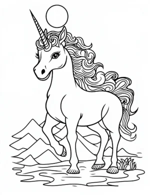 Majestic Unicorn Standing in Scenic Mountain Landscape Coloring Page
