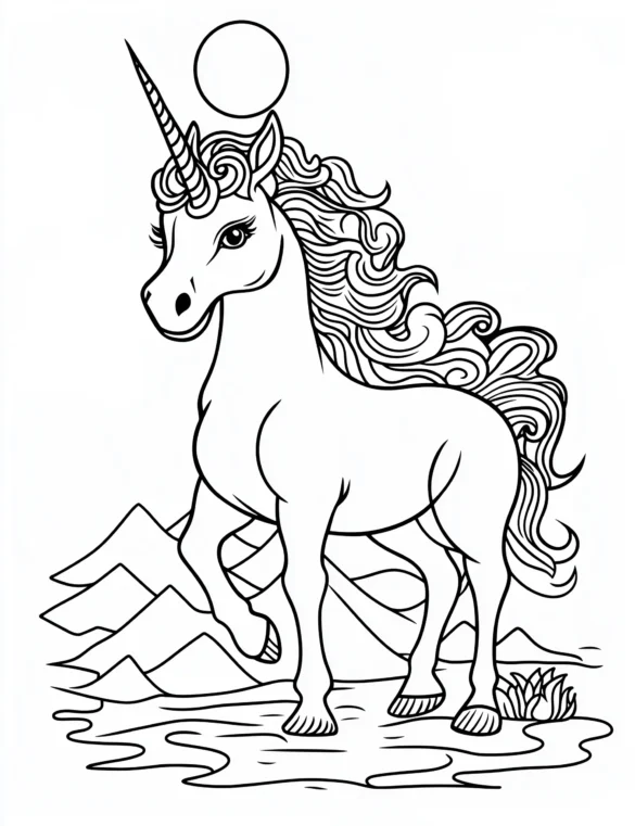 Majestic Unicorn Standing in Scenic Mountain Landscape Coloring Page Majestic Unicorn Standing in Scenic Mountain Landscape Coloring Page