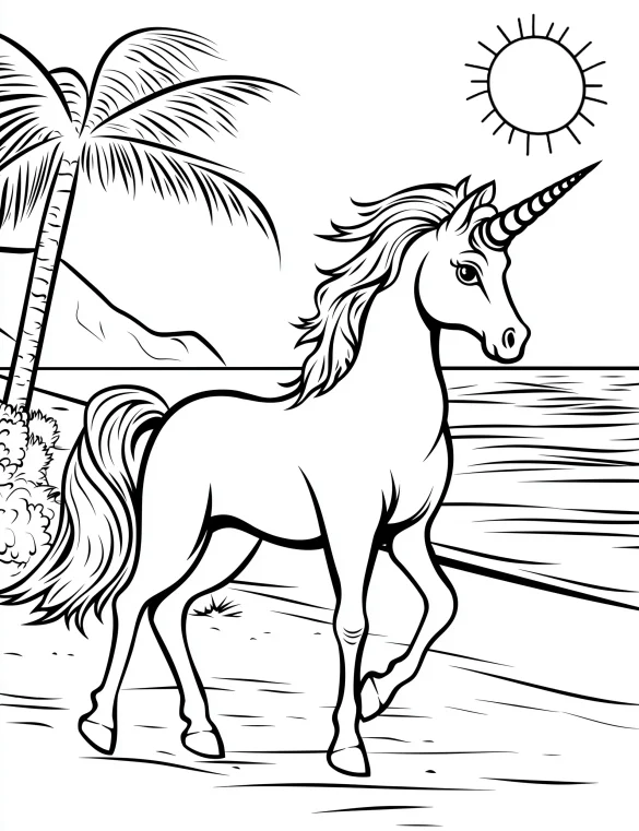 Majestic Unicorn Walking on the Beach with Palm Trees Coloring Page