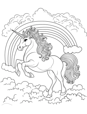 Majestic Unicorn and Rainbow on Clouds with Flowing Mane Coloring Page